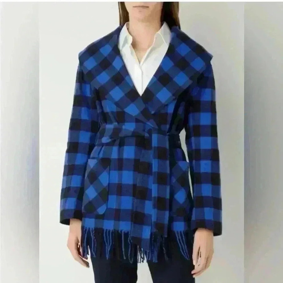 NWT POLO RALPH LAUREN navy blue plaid fringe-edge belted jacket Sz S! - Picture 3 of 9